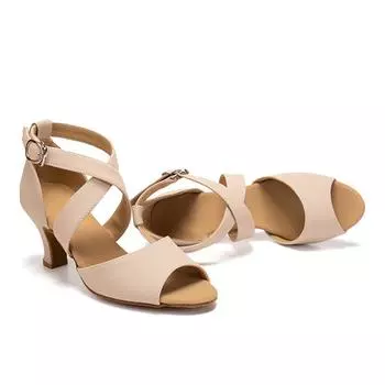 Обувь для латинских танцев, женская обувь для взрослых на высоком каблуке 5,5 см, обувь для бальных танцев, замшевая верхняя часть для танго 35 бежевый