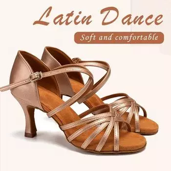 Высококачественные туфли для латиноамериканских танцев из искусственной кожи для взрослых женщин, на высоком каблуке, для вечеринок, соревнований, бальных танцев, каблук 7,5 см 38 бронзовый
