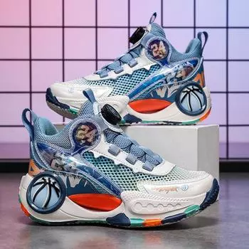 Обувь для мальчиков 2024 года, летняя новая детская спортивная обувь с вращающейся пряжкой для детей среднего и старшего возраста, модные классные баскетбольные кроссовки из сетки 30