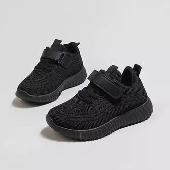 Обувь для мальчиков 2024 года, универсальная однотонная детская дышащая спортивная обувь с двойной сеткой для девочек, кроссовки с мягкой подошвой, новые 25 чёрный