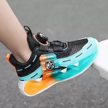 Обувь для мальчиков 2025 года, лето, новая детская спортивная обувь с одинарной сеткой, нескользящая, с вращающейся пряжкой, повседневная детская обувь среднего и большого размера 28 yards inner length 17.7cm