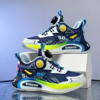 Обувь для мальчиков 2025 Весна Детские кроссовки Spin Button Крупные сетчатые дышащие кроссовки для бега для детей Size 29,Foot Length:18cm синий