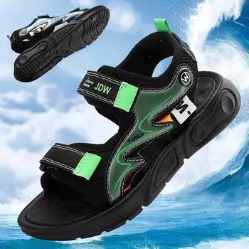 Обувь для мальчиков 28–40 лет, летние сандалии с двойными волшебными наклейками, дышащая повседневная модная пляжная обувь для мальчиков 28 чёрный/зелёный