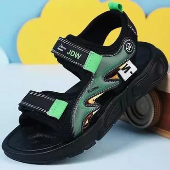 Обувь для мальчиков 28–40 лет, летние сандалии с двойными волшебными наклейками, дышащая повседневная модная пляжная обувь для мальчиков 28 зелёный/чёрный