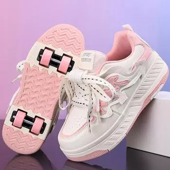 Обувь для мальчиков/девочек с колесами, четырехколесные спортивные ботинки, колесные коньки, можно снять, студенческая обувь для скейтбординга, спортивная обувь 29 чёрный/белый