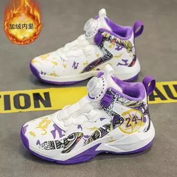 Обувь для мальчиков Jinjiang, осенне-зимняя детская баскетбольная обувь 2025 года, новая студенческая спортивная обувь, вращающаяся новая бархатная хлопковая обувь 31