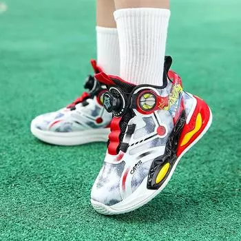 Обувь для мальчиков Новые детские сетчатые дышащие нескользящие кроссовки для бега Большие баскетбольные кроссовки для школьников с поворотной пряжкой и амортизацией 35