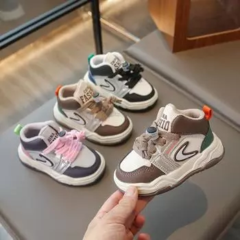 Обувь для мальчиков в детском саду Новые модели Кожаная водонепроницаемая спортивная обувь для девочек Высокие туфли Детские кроссовки 22 хаки