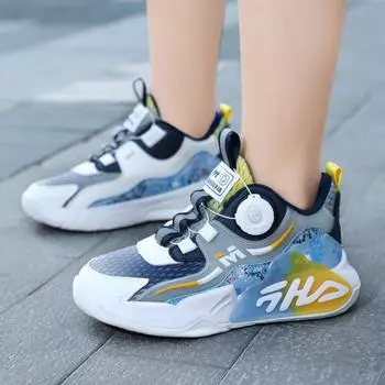 Обувь для мальчиков, весенняя и осенняя, сетчатая, дышащая, легкая, детская, спортивная обувь, вращающиеся кнопки, повседневная Size 31,Foot Length:19cm чёрный