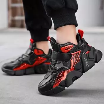 Обувь для мальчиков, высокие новые кожаные водонепроницаемые спортивные туфли, осенне-зимняя детская обувь с добавлением кашемира, теплые нескользящие синие кроссовки для мяча 35