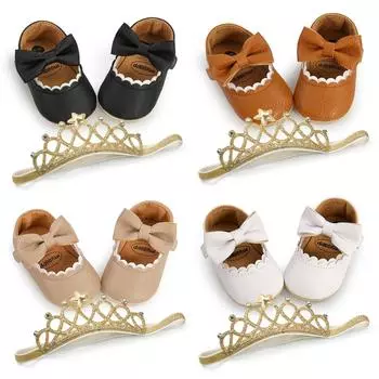 Обувь для маленьких девочек, Нескользящая мягкая подошва из искусственной кожи для малышей, туфли Мэри Джейн на плоской подошве с бантом, модельные туфли для кроватки для первых ходунков с повязкой на голову, 0–18 месяцев 6-12/M
