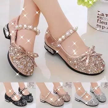 Обувь для маленьких девочек с блестящими блестками и жемчугом из искусственной кожи, балетки Мэри Джейн на плоской подошве, детские мягкие летние сандалии принцессы для девочек с милым бантом 30 чёрный