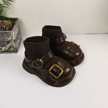 Обувь для малышей для девочек, пояс с пряжкой, носки принцессы, ботинки в британском стиле, вязаные маленькие кожаные ботинки 16 коричневый