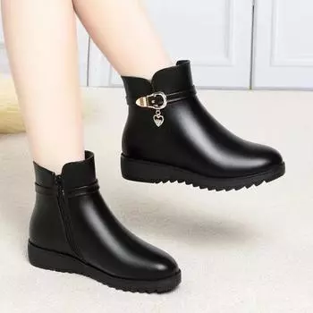 Обувь для мам зимняя бархатная утолщенная теплая короткие ботинки среднего возраста мягкая кожа ботинки среднего и пожилого возраста из хлопка на плоской подошве нескользящая мягкая подошва 36 чёрный