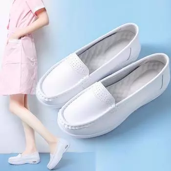 Обувь для медсестер на воздушной подушке, женская кожаная рабочая обувь для больниц, дышащая обувь на плоской танкетке, удобная мягкая подошва, белая толстая подошва 41 белый