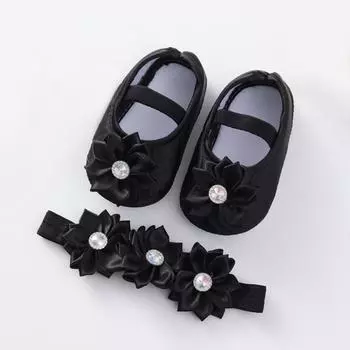 Обувь для новорожденных, обувь для крещения с цветком, кружевная обувь для маленьких девочек, милая детская мягкая обувь для малышей 0–12 месяцев с резинкой для волос 13/L