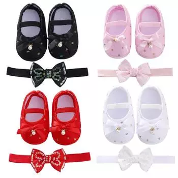 Обувь для новорожденных, обувь для маленьких девочек с жемчужным дизайном, обувь для маленьких девочек, милая детская мягкая обувь для детей 0–12 месяцев с резинкой для волос 12/M