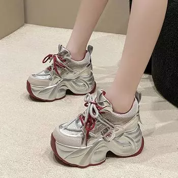 Обувь для пап, увеличивающая рост в помещении. Женская обувь. Весна и осень. Новые стили. Универсальные туфли для спорта и отдыха. Толстая подошва. Бисквитная обувь. Суперпопулярная. 34 красный