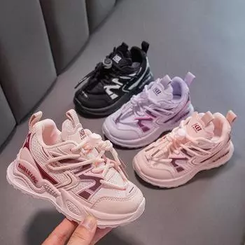 Обувь для папы для девочек. Новые осенние сетчатые детские кроссовки с мягкой подошвой. 26 розовый