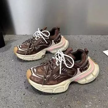 Обувь для папы для женщин - осень 2024 года в стиле ретро, толстые подошвы, увеличивающие рост, мягкие и повседневные кроссовки 40 коричневый