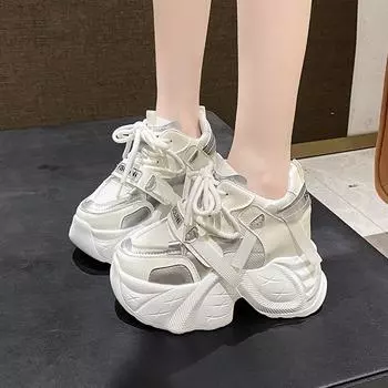 Обувь для папы с увеличением высоты в пределах 10 см. Женская осенняя новая модель из бисквитного торта с толстой подошвой. Повседневная спортивная обувь из сетки для маленьких размеров для женщин. 34 чёрный