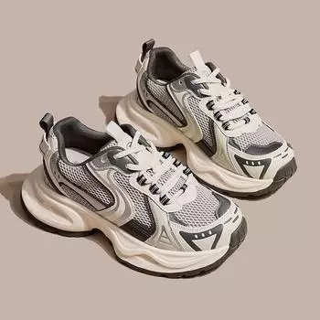 Обувь для папы женская 2024 новая весенняя популярная женская обувь показывает маленькую ногу и увеличивает рост белая обувь на толстой подошве повседневная спортивная обувь 35 серый