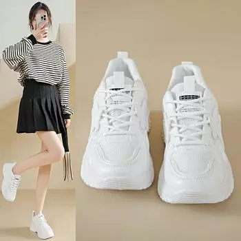 Обувь для папы, женская, весна-лето, новая, женская обувь на платформе, спортивная, беговая, студенческая, для отдыха, универсальная, сетчатая обувь 35 белый