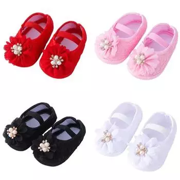 Обувь для первых ходунков для младенцев, нескользящая обувь принцессы на плоской подошве с цветочным жемчугом и украшением 11