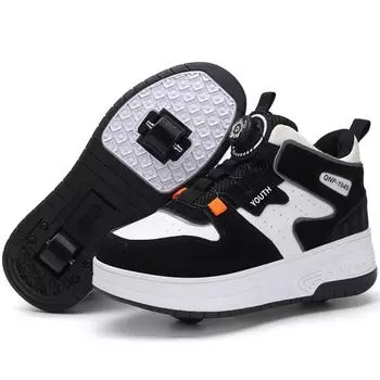 Обувь для роликовых коньков для мальчиков и подростков Съемные плоские туфли Колеса для роликовых коньков для девочек Кроссовки для детей 31 белый/чёрный