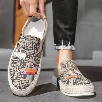 Обувь для рыбалки, черные летние туфли с принтом, мужские парусиновые туфли без застежек, дышащие туфли на плоской платформе для мужчин, удобные повседневные лоферы 40