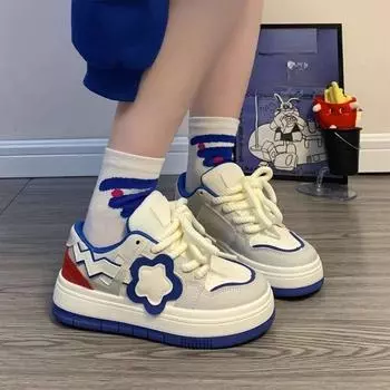 Обувь для скейтбординга, детская, весна и осень, новые туфли с маленьким цветком, повседневные, универсальные, белые туфли на платформе 35 синий