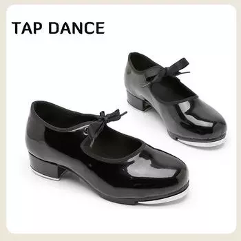 Обувь для степа для мальчиков и девочек, женская, на низком каблуке, со шнуровкой, яркая кожа, закрытый носок, танцевальная обувь, каблук 3 см 34 чёрный