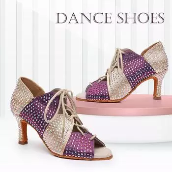 Обувь для танцев Diamond, женская, для девочек, латиноамериканские танцы, бальные танцы, танго, сальса, туфли для вечеринок для женщин, высокий каблук 7 см 34 фиолетовый