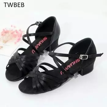 Обувь для танцев Женская Бальная Детская Обувь для латинских танцев Атласная Женская Женская Обувь для танго Сальса Сандалии Низкий каблук 34