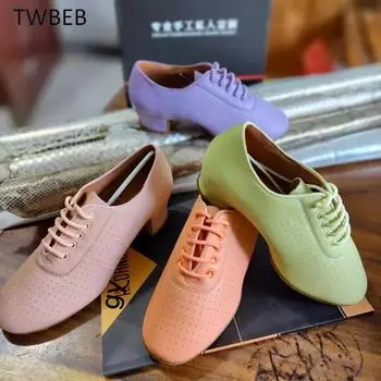 Обувь для учителей, женская обувь для латинских танцев, женская обувь для бальных танцев из коровьей кожи, обувь для джазовых танцев оранжевого и зеленого цвета, обувь для сальсы 34