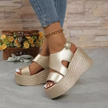 Обувь для весны и лета Большие размеры Сандалии Мягкая подошва Плоская подошва Круглая подошва Танкетка Толстая подошва Пляжная женская обувь 35 чёрный