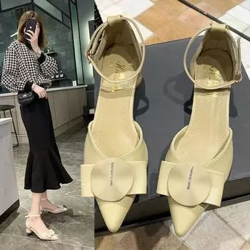 Обувь для женщин 2024 года. Босоножки на блочном каблуке. Летняя женская обувь. Туфли на толстом каблуке зеленого цвета со средним острым носком. Повседневная популярная тенденция. E 35