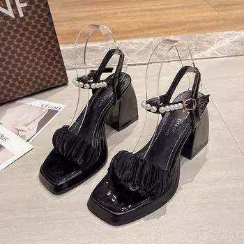 Обувь для женщин 2024 года, горячая распродажа, летние женские сандалии с бабочкой, пряжкой в одно слово, бисером, средней пяткой, водонепроницаемые туфли для женщин 34 абрикосовый