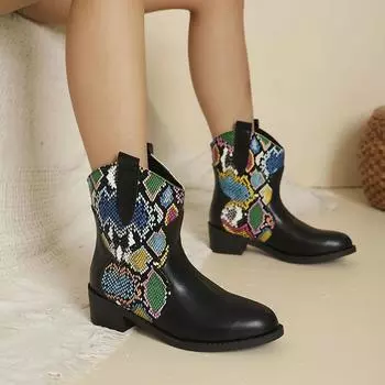 Обувь для женщин 2024 года, классические женские ботинки челси с острым носком и принтом под змею, удобные ботинки на платформе и квадратном каблуке Zapatos Mujer 35 чёрный