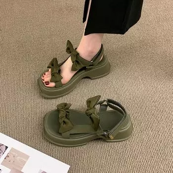 Обувь для женщин 2024 года, летние новые босоножки на толстой подошве, корейские модные босоножки с бантом, простые повседневные женские туфли с открытым носком 35 бежевый