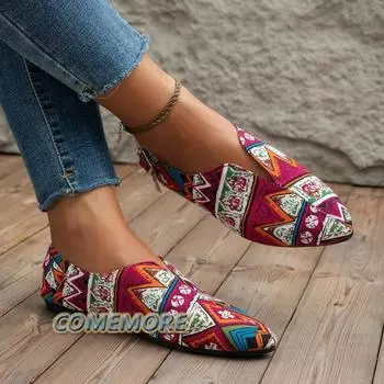 Обувь для женщин 2024 года, летние туфли на плоской подошве с острым носком, модные разноцветные лоферы, повседневные туфли без застежек, женские, новые, этнические 35 зелёный