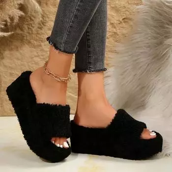 Обувь для женщин 2024 года, модные осенние однотонные женские тапочки из флока, плюшевые, удобные, с открытым носком, на платформе, на танкетке, повседневные тапочки для женщин 35 чёрный