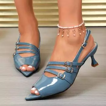 Обувь для женщин 2024 года, модные женские босоножки с острым носком, летние с открытым носком и пряжкой, однотонные сексуальные туфли на шпильках или тонких каблуках 35