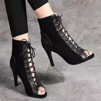 Обувь для женщин 2024 года, модные женские сандалии на шнуровке, уличные, однотонные, с открытым носком, на высоком каблуке, повседневные, женские сандалии Fish Mouth 35 чёрный