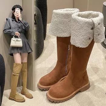 Обувь для женщин 2024 года, новые модные женские сапоги до колена с круглым носком, зимние меховые теплые сапоги на платформе, высокие сапоги Zapatos De Mujer 35
