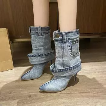 Обувь для женщин 2024 года, новые синие джинсовые женские современные сапоги, сексуальные женские туфли с острым носком, модные и универсальные туфли на шпильке 35 синий
