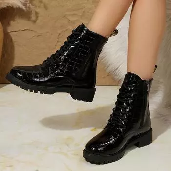 Обувь для женщин 2024 года, новые высококачественные удобные женские ботинки с круглым носком на платформе, зимние высокие мотоциклетные ботинки со шнуровкой 36 чёрный