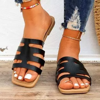 Обувь для женщин 2024 года, новые женские тапочки с открытым носком, летние легкие римские однотонные повседневные пляжные тапочки на плоской подошве, удобные тапочки 35 чёрный