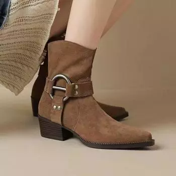 Обувь для женщин 2024 года, новые женские ботильоны из искусственной замши, классические ботинки в стиле вестерн с острым носком, большие размеры 35-42, зимние ботинки на платформе 35 верблюд