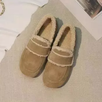 Обувь для женщин 2024 года, плюшевые туфли, теплая зимняя обувь с бархатной подкладкой, туфли на одной педали, нескользящие туфли из овечьей шерсти и хлопка для женщин 35 коричневый